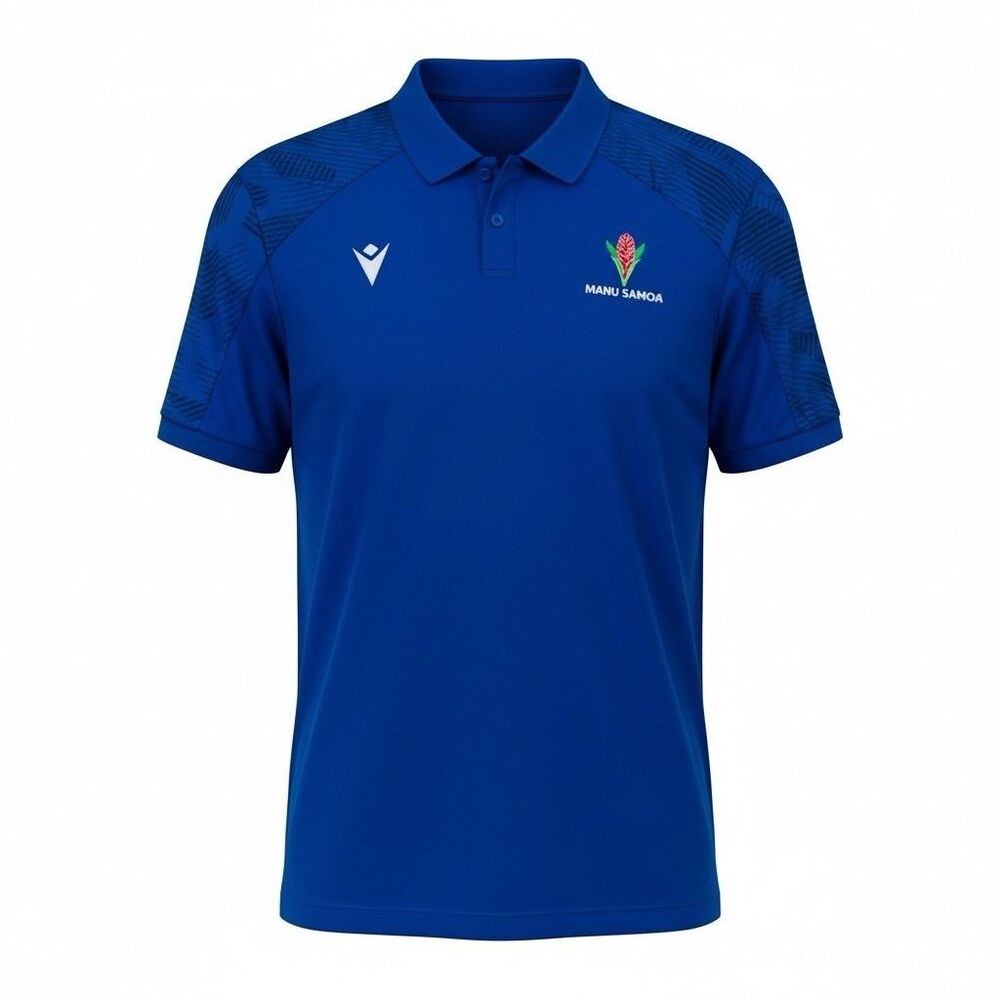 Macron Samoa Rugby 23/24 Travel Player Blue Short Sleeve Polo Shirt Mens XL